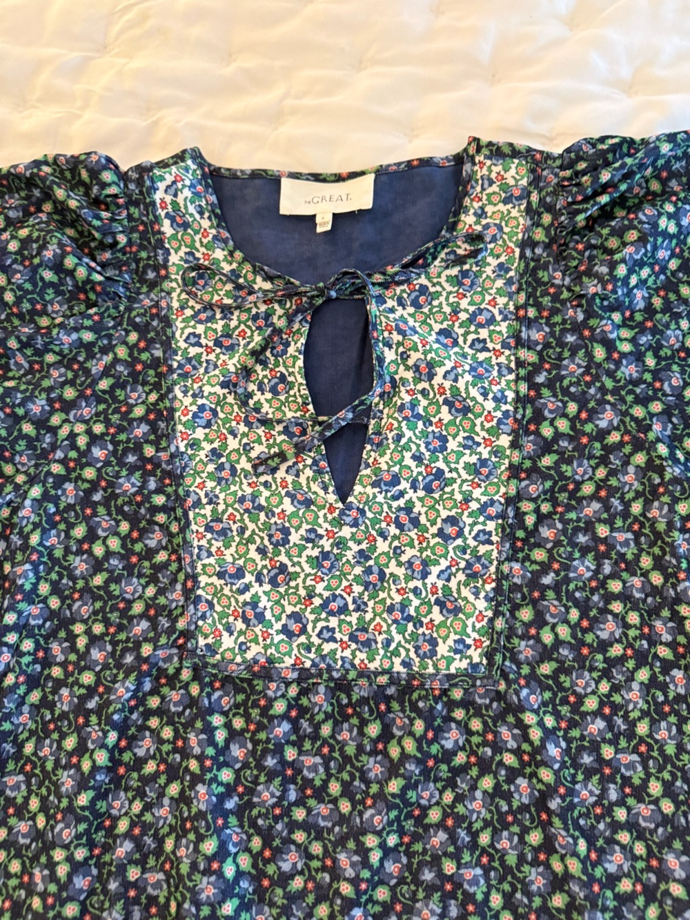 Greats Navy and Green Floral Tie-Front Peasant Blouse